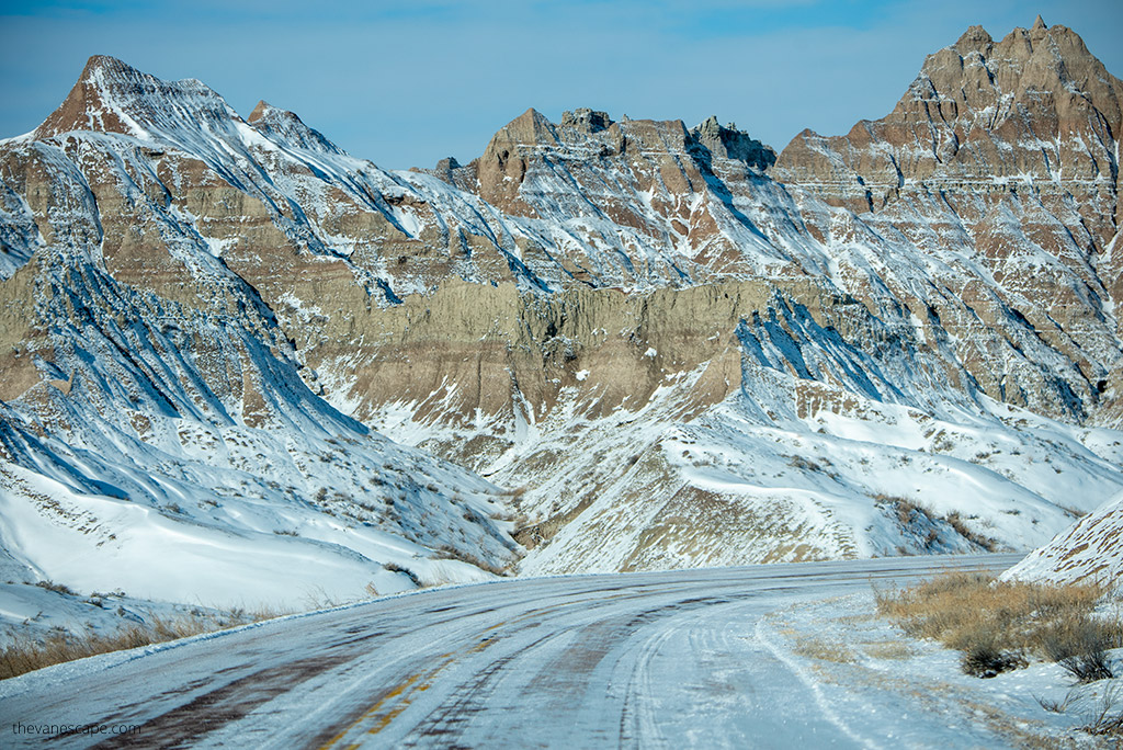 Badlands National Park in winter scenery.