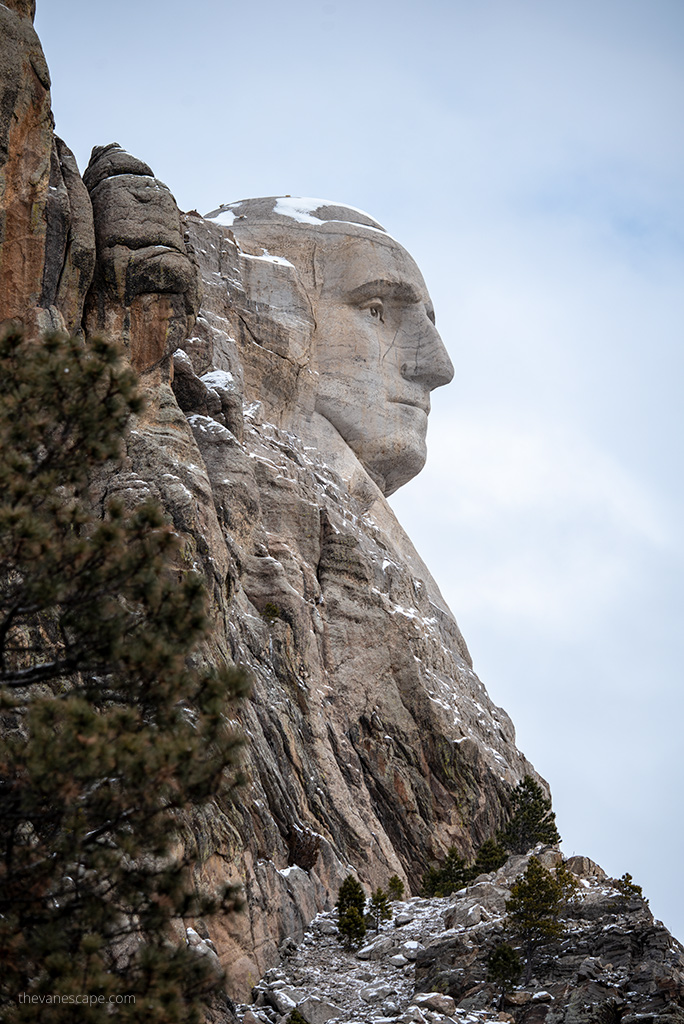 close-up view of president head in Mount Rushmore National Memorial.