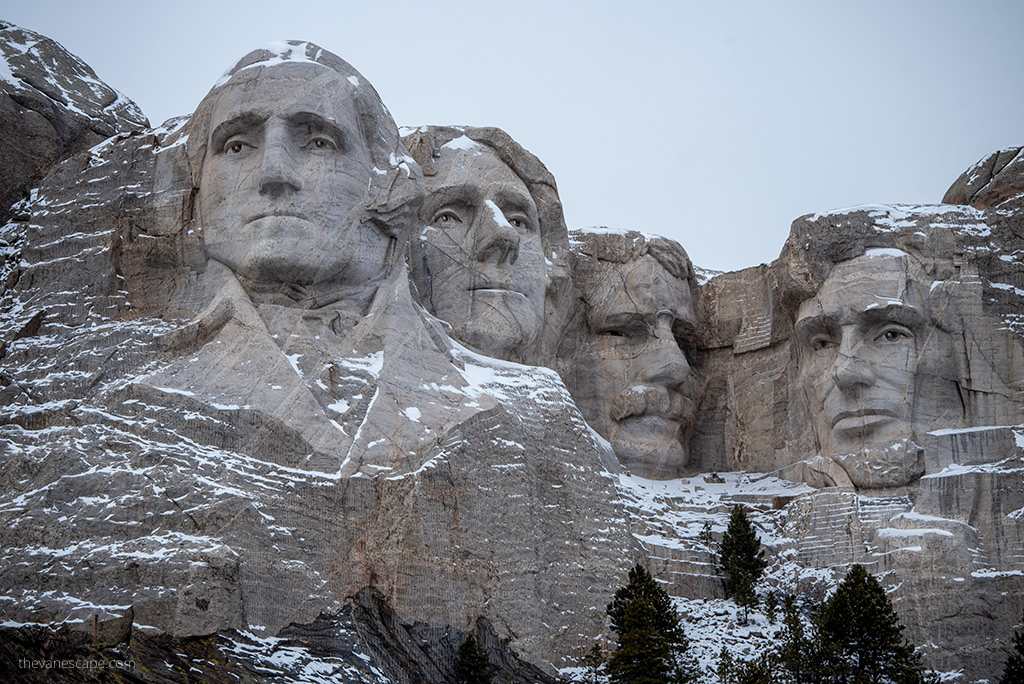 Trip to Mount Rushmore National Memorial:  colossal sculpture withe heads of 4 presidents.