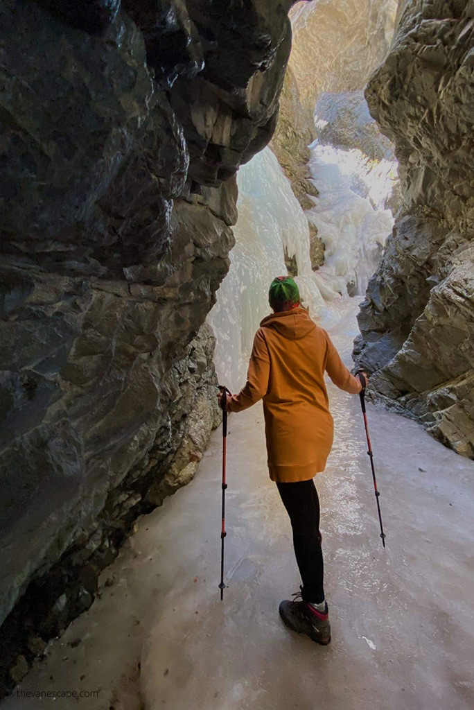 Agnes Stabinska, the author, is hiking on ice to Zapata Falls. water in falls is frozen, as we were there in late April. 