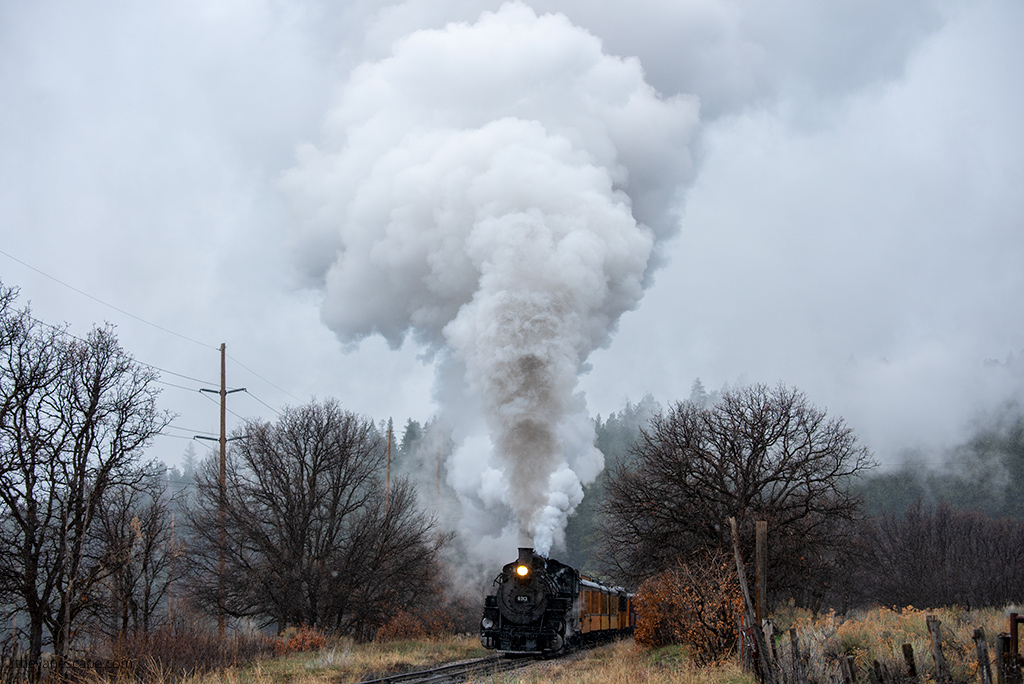 train locomotive belching steam during Durango and Silverton Narrow Gauge Railroad ride.
