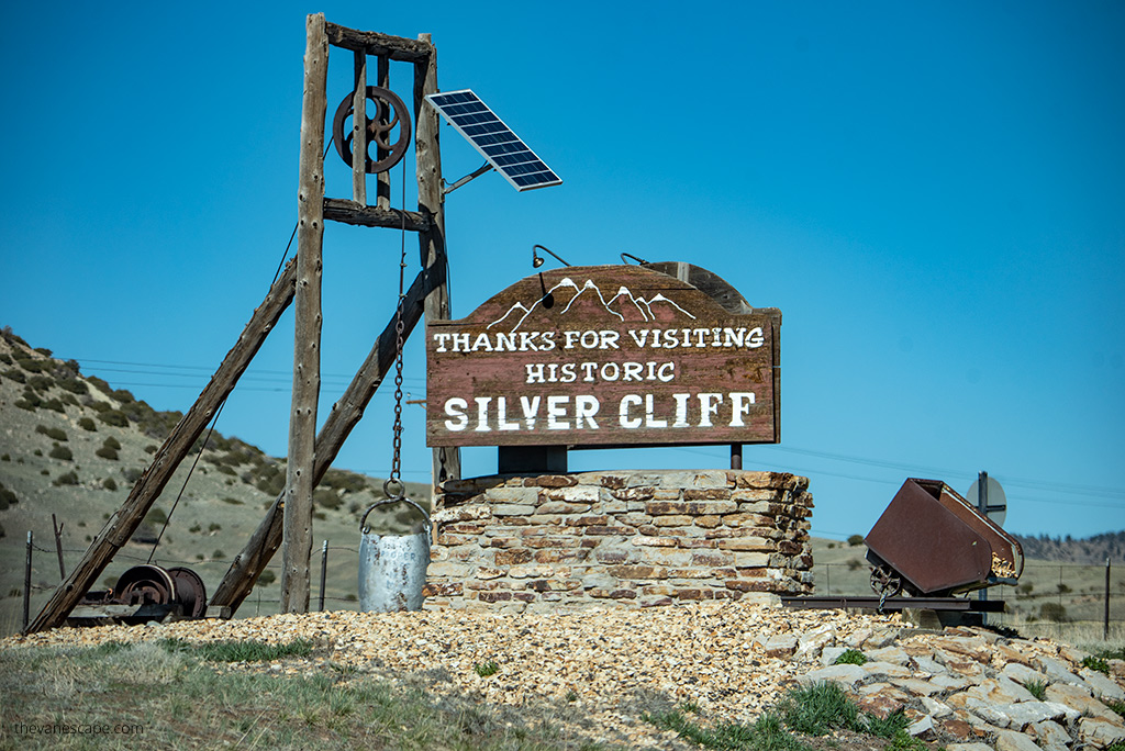 historic mining items and inscription: thanks for visiting historic Silver Cliff.
