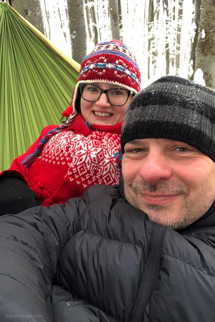 Agnes Stabinska and her partner Chris Labanowski in Hammock during winter.