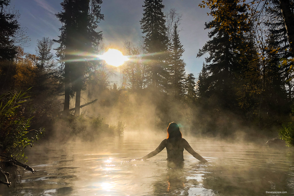 Agnes Stabinska, soaking in morning sun in Liard River Hot Springs.