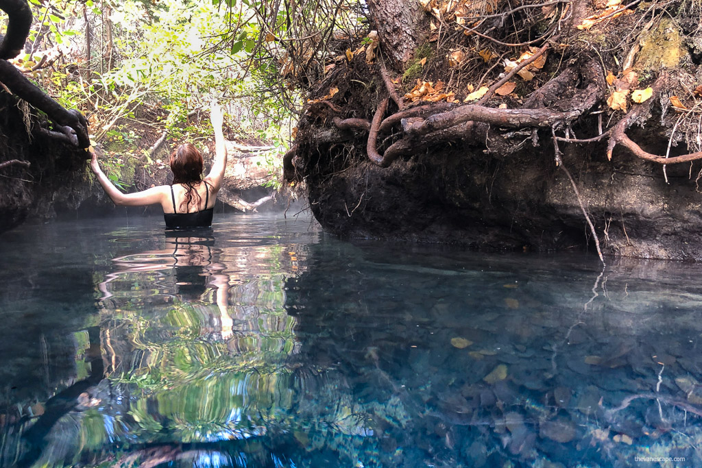 Agnes Stabinska, the author is soking in blue water of Liard River Hot Springs