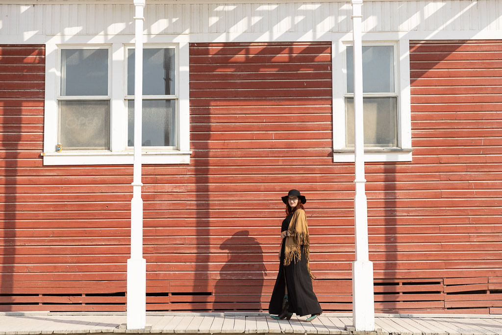 Agnes on the way to Dawson City Museum on the wooden broadwalk.