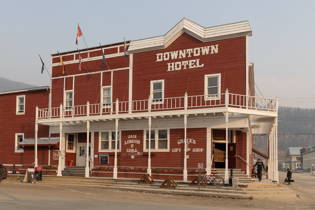 historic wooden and redish downtown hotel in Dawson City