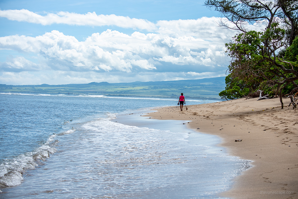 Agnes Stabinska, an author is walking on a sandy beach in Maui.