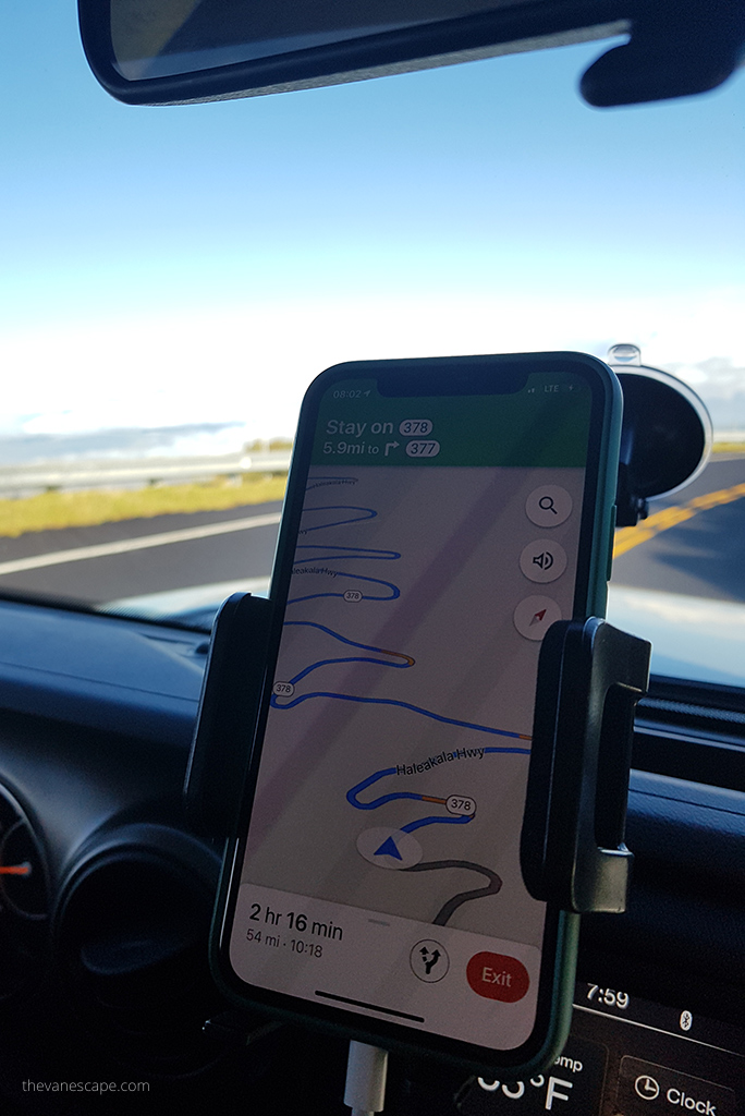 Our navigation in a rented Jeep Wrangler shows a serpentine route around the island.