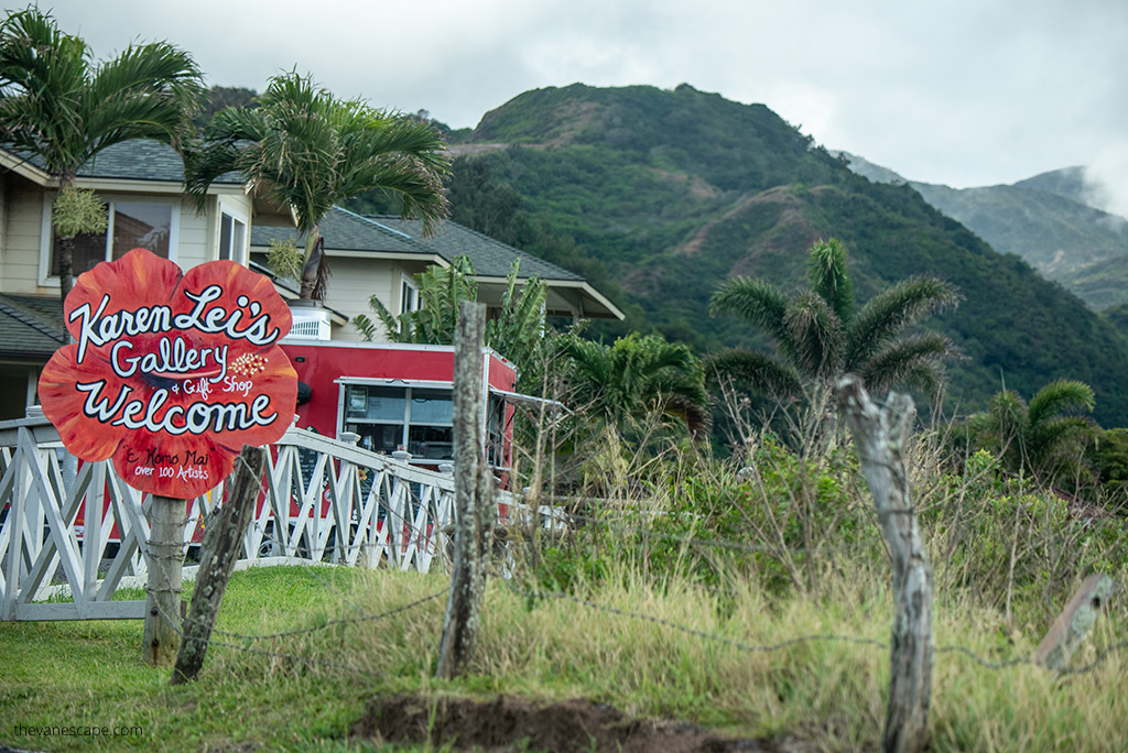 green palm-covered hills on Maui and the famous gallery with a wooden red board in the shape of a cloud: Karen Leis Gallery Welcome.