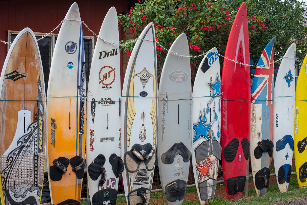 The famous wall of colorful windsurfing boards in Paia.