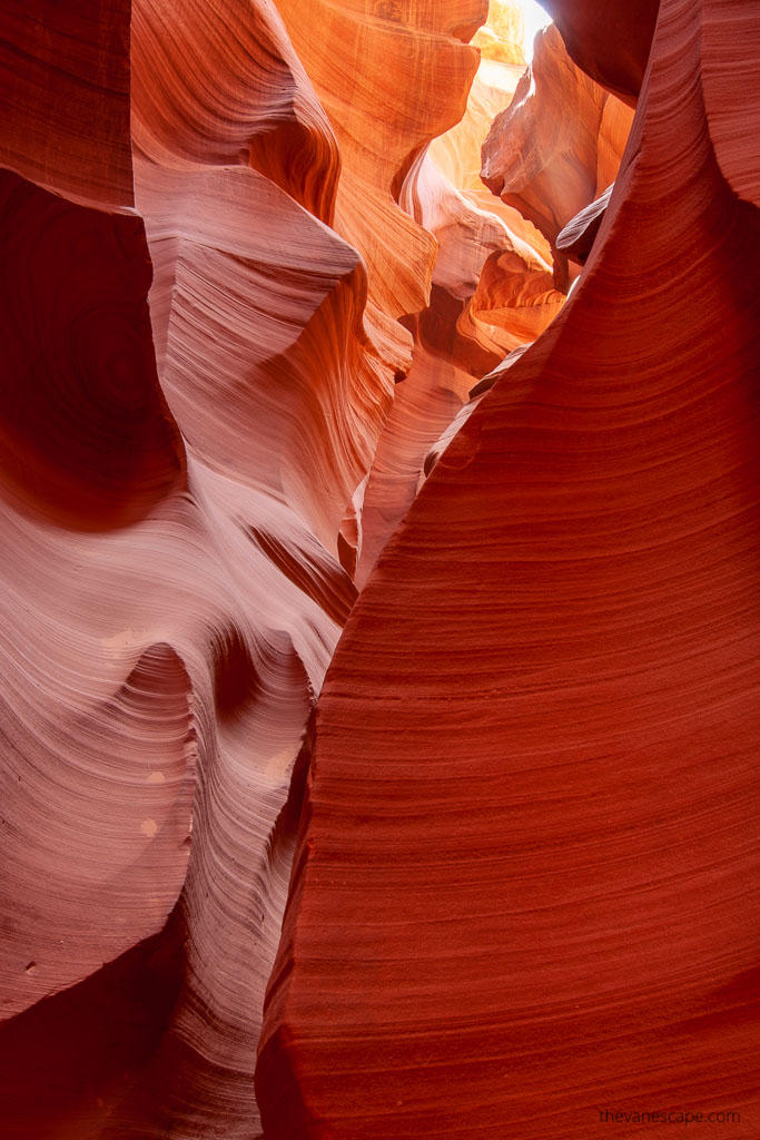 orange rock formations and narrow walls in lower antelope canyon.