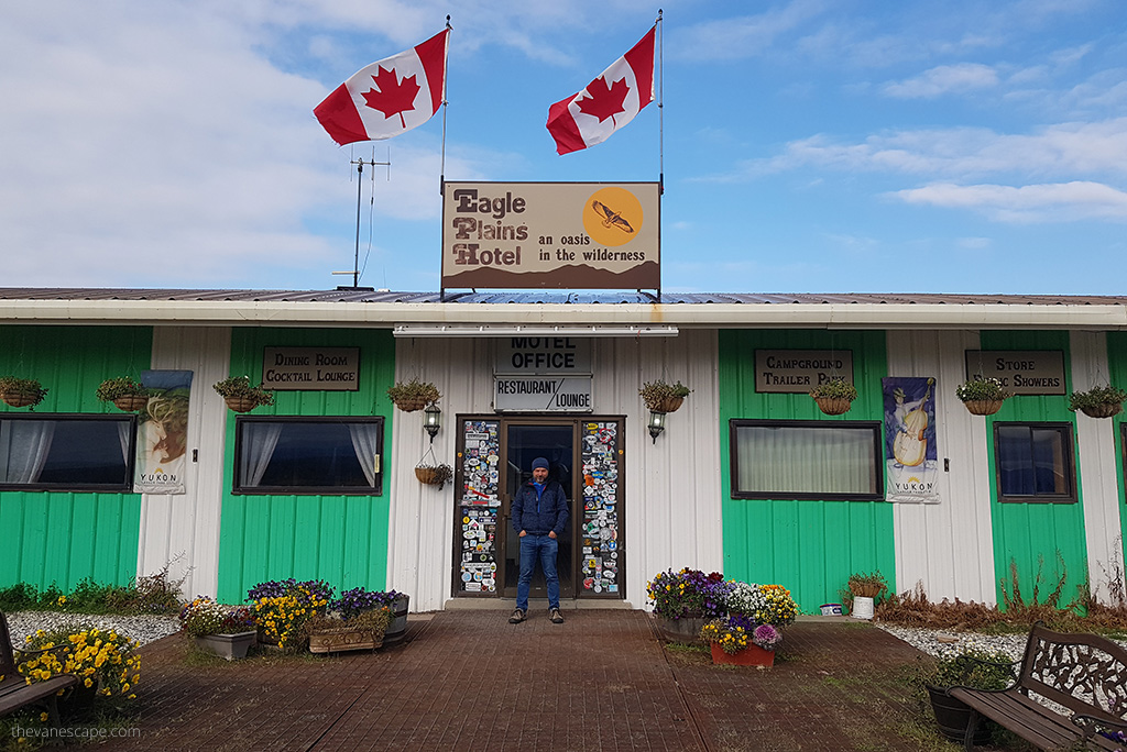 Chris Labanowski at the entrance to Eagle Plains Hotel