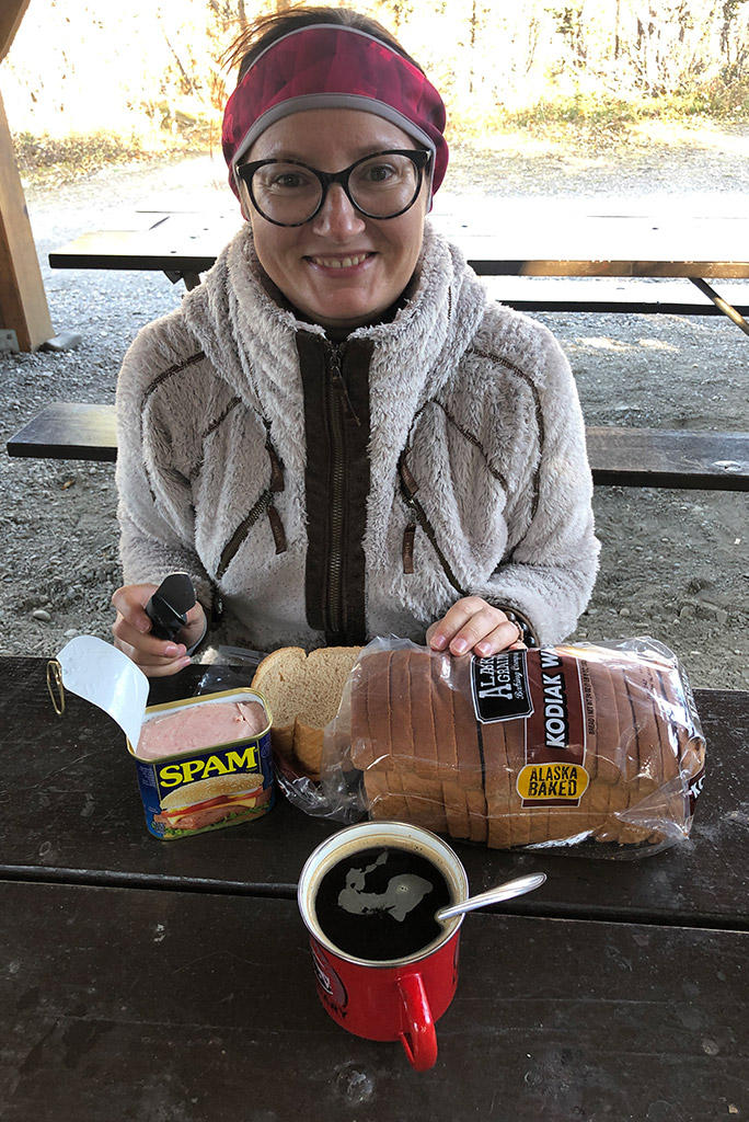 Agnes in Women's KUHL Flight Jacket at the camping in Denali National Park.