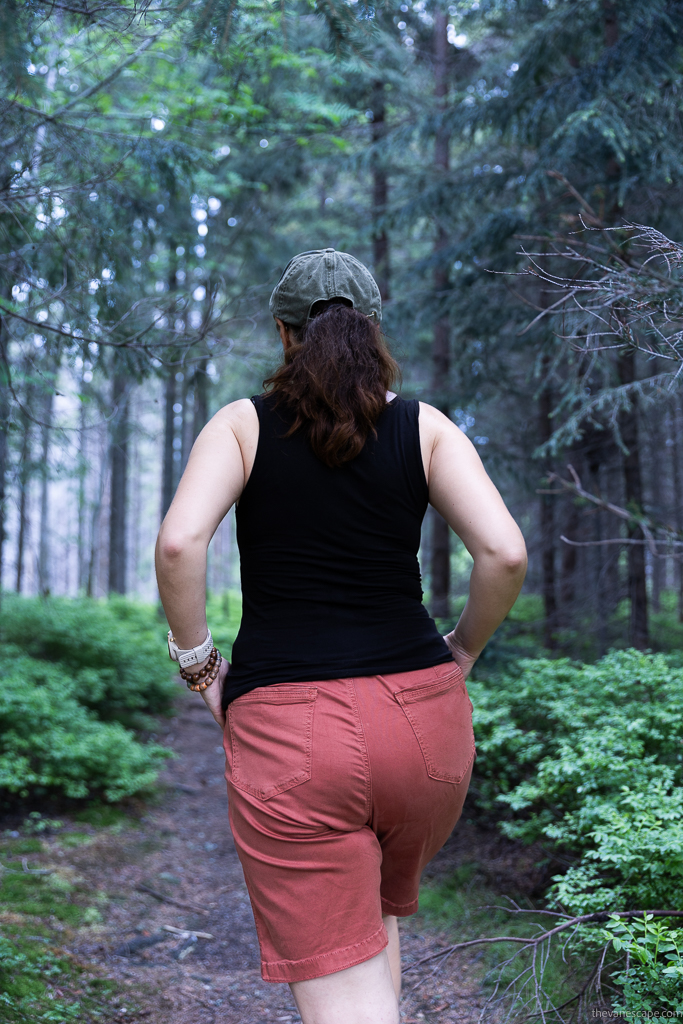 Agnes Stabinska hiking in the forest in KUHL KULTIVATR Women's Shorts. 