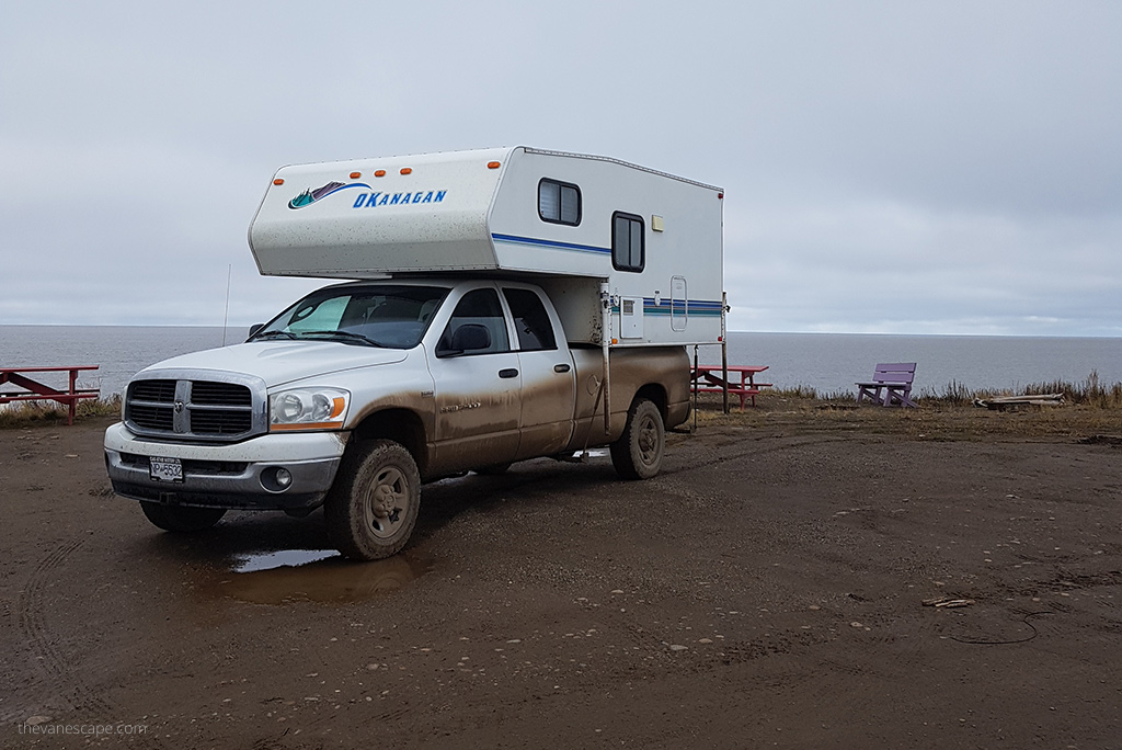 Our camper truck next to the Arctic Ocean in Tuktoyaktuk.