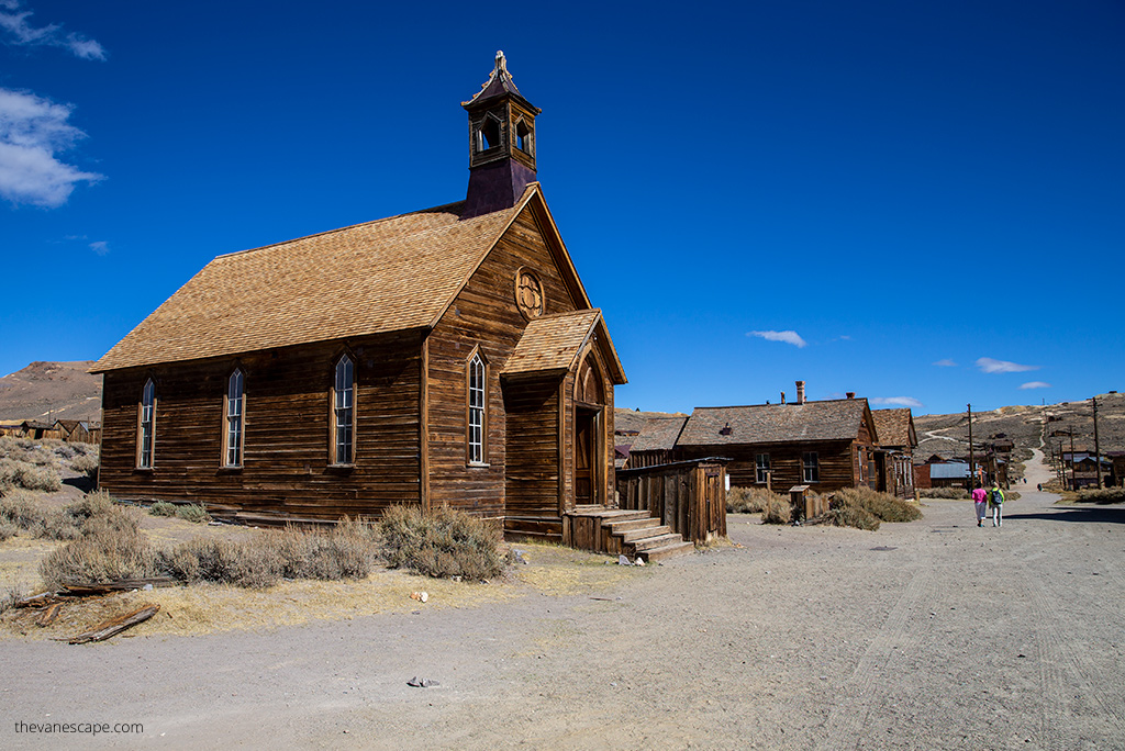 old wooden church buildling in Bodie State Historic Park