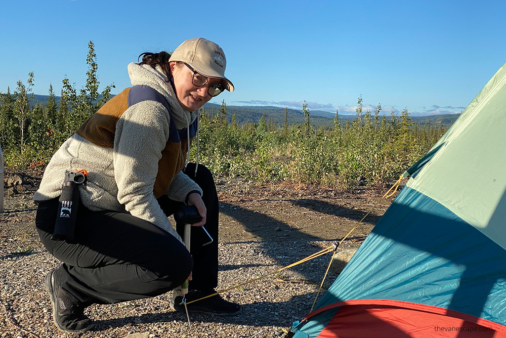 Agnes Stabinska, the author, at camping on Dalton Highway in hoody by Kuhl.