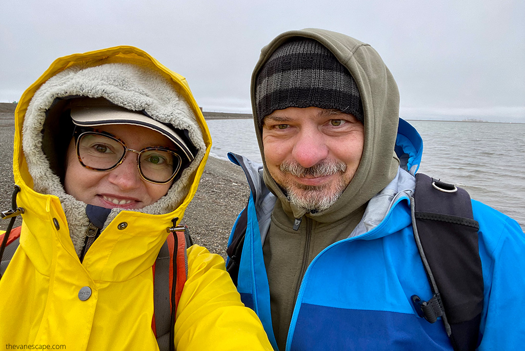 Agnes and Chris on Dalton Higway at the Arctic Ocean