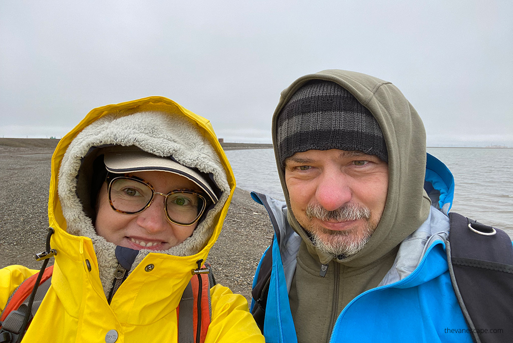 Agnes and Chris on Arctic Ocean on Dalton Highway.