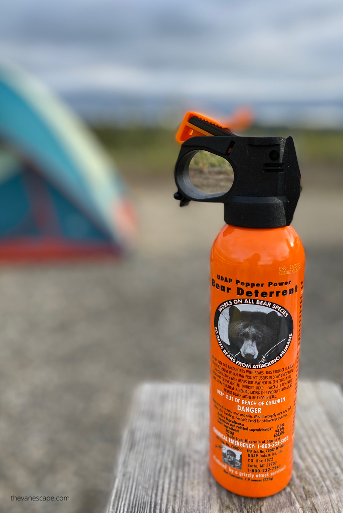 car camping checklist: bear spray on the campgraund in Alaska.