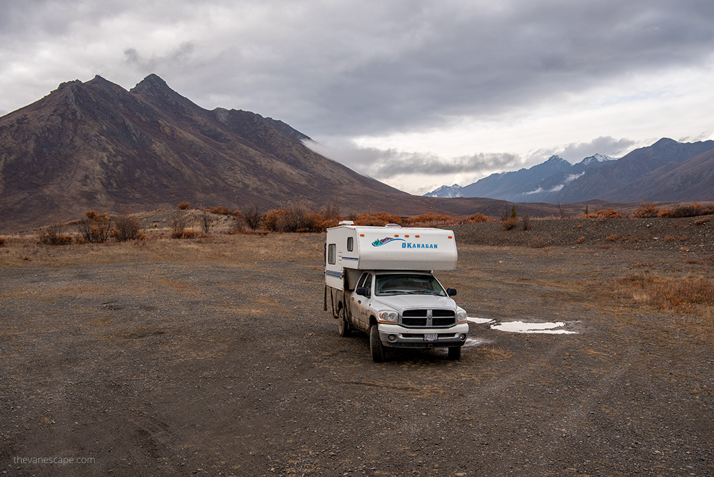 our camper truck in the mountains in Canada on Dempster Highway during our 9 months road trip.