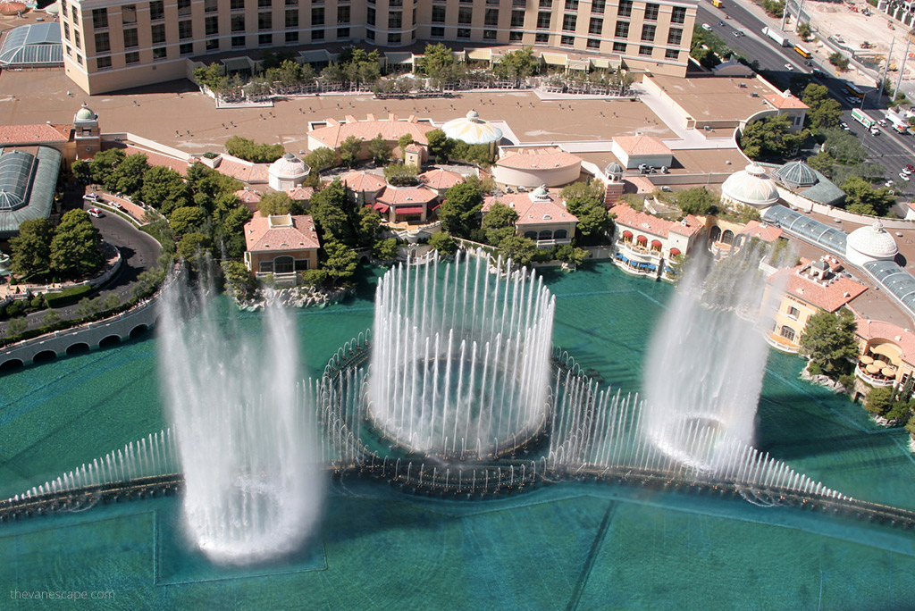  One of the best Las Vegas Photo Shoot Locations: fountains view from Eiffel Tower Viewing Deck.