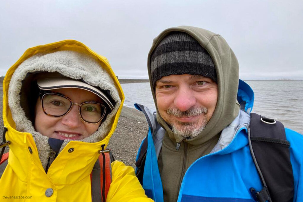 Agnes and Chris on Arctic Ocean Prudhoe Bay 