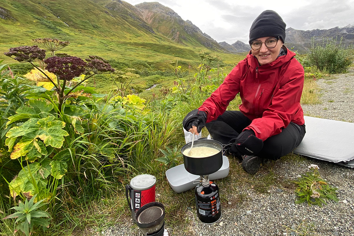 Agnes preparing meal after Hatcher Pass hikes