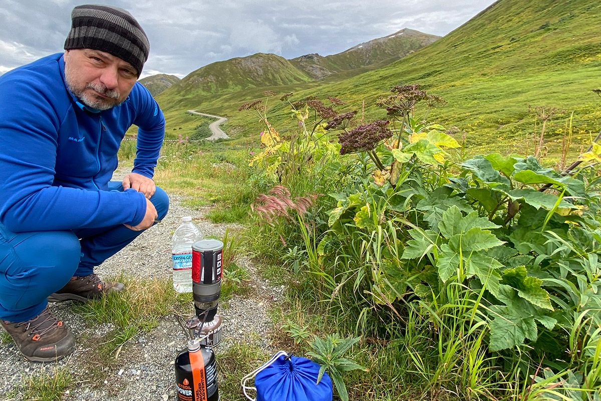 Chris cooking after hiking on Hatcher Pass