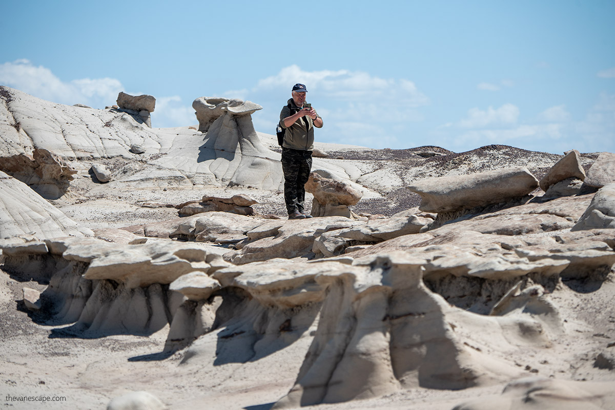 Chris Labanowski, co-founder of the Van Escape blog, is hiking in Bisti Badlands New Mexico.