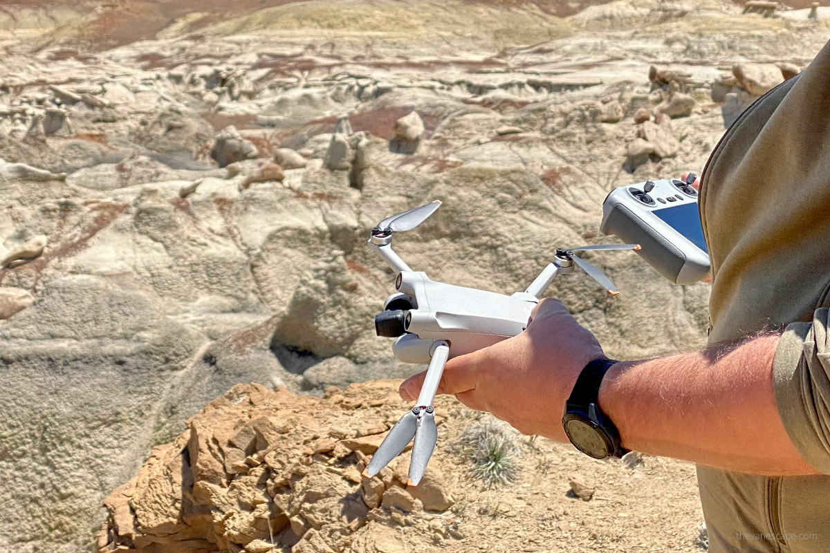 Chris Labanowski, the co-owner of The Van Escape blog with his DJI Mini 3 Pro Drone in hands.