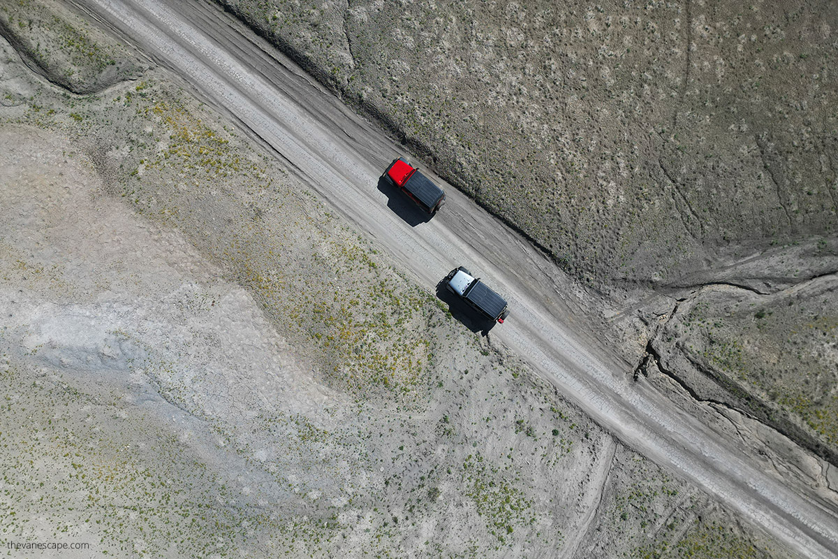 jeeps on the road the bird perspective taken with drone.