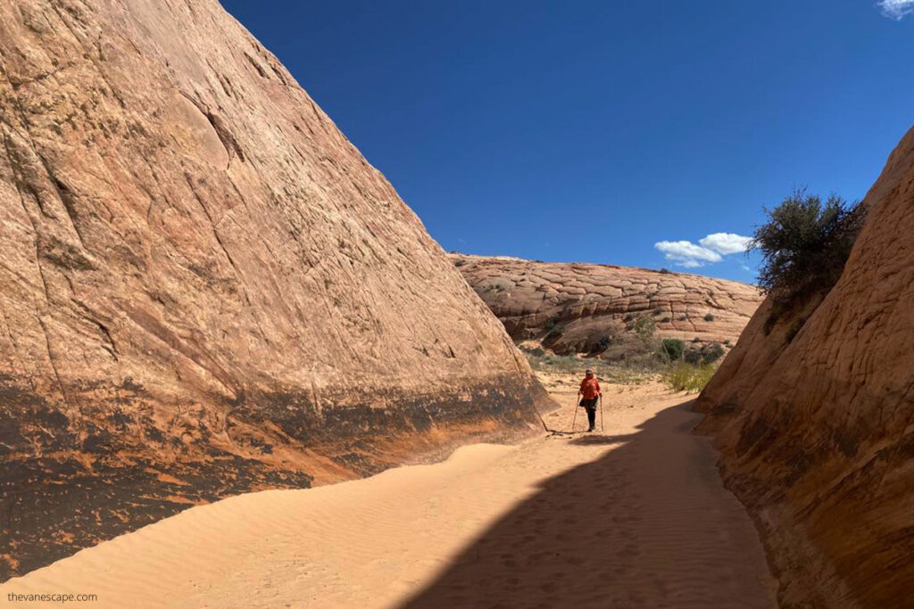 Agnes entering Zebra Slot Canyon in Utah