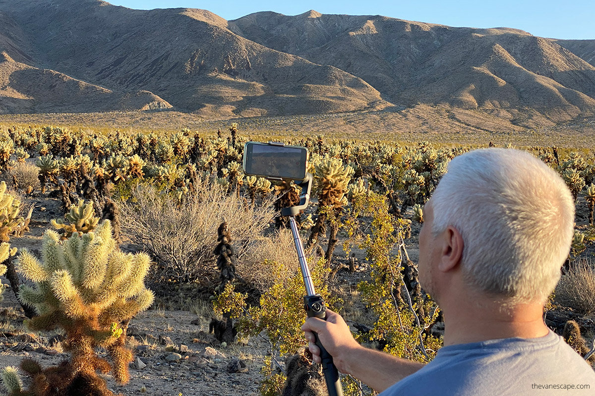 Chris filming with DJI Osmo Mobile 6 in Joshua Tree NP