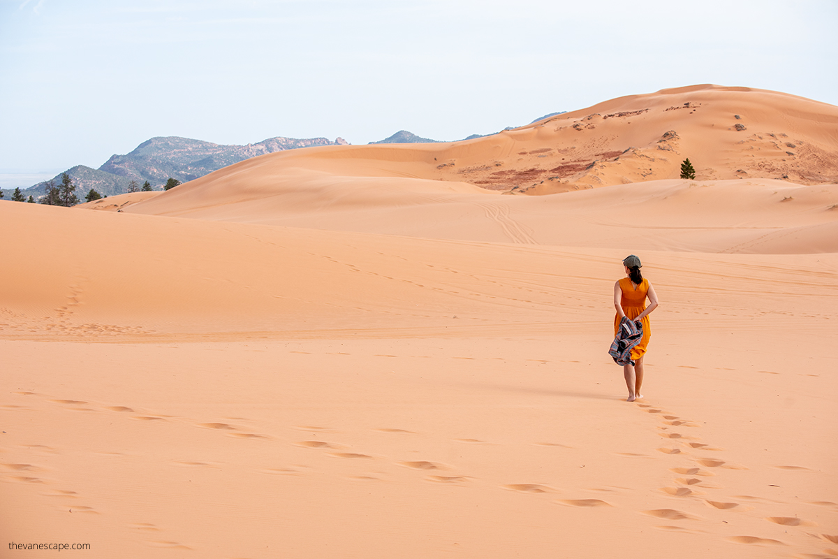 Agnes Stabinska, the author, is hiking in Coral Pink Sand Dunes State Park