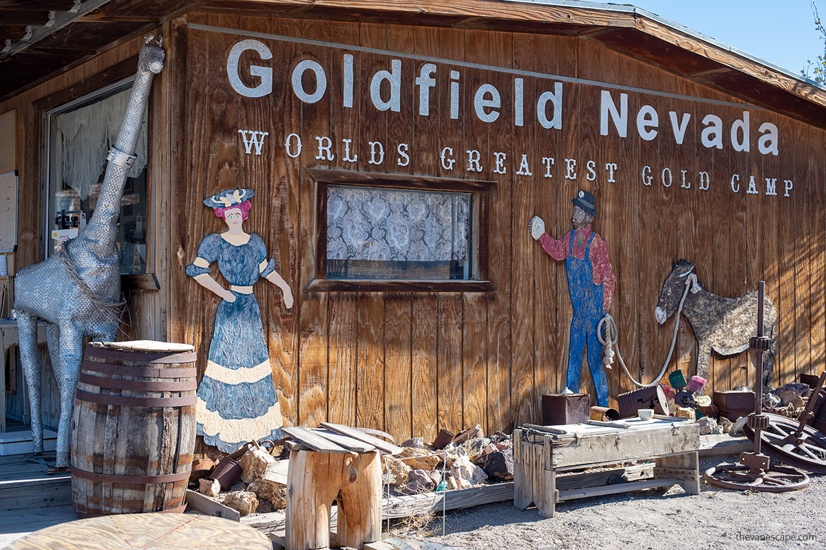 wooden buildling with inscription: Goldfield NevadaWorlds Greatest Gold Camp