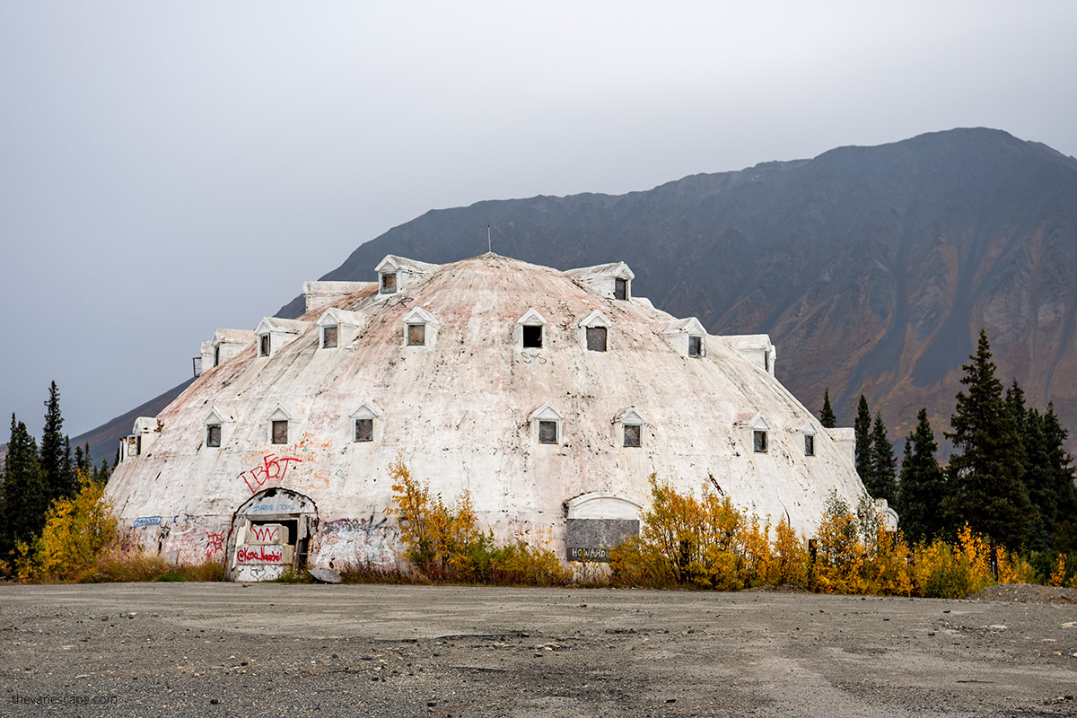 unfinished hotel structure in the shape of an igloo known as Igloo City on Parks Highway in Alaska