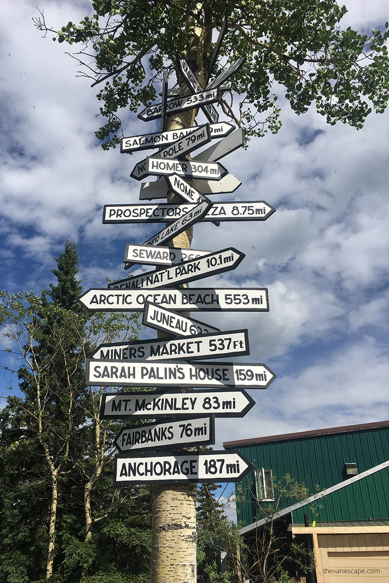 Talkeetna wooden sign with directions and miles to different places in Alaska