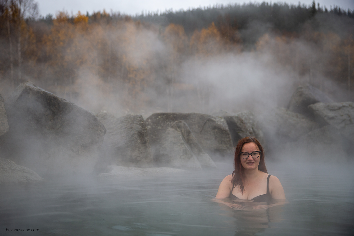 agnes soaking in chena hot springs resort in misty and foggy day one of the best places to stay near Denali in winter