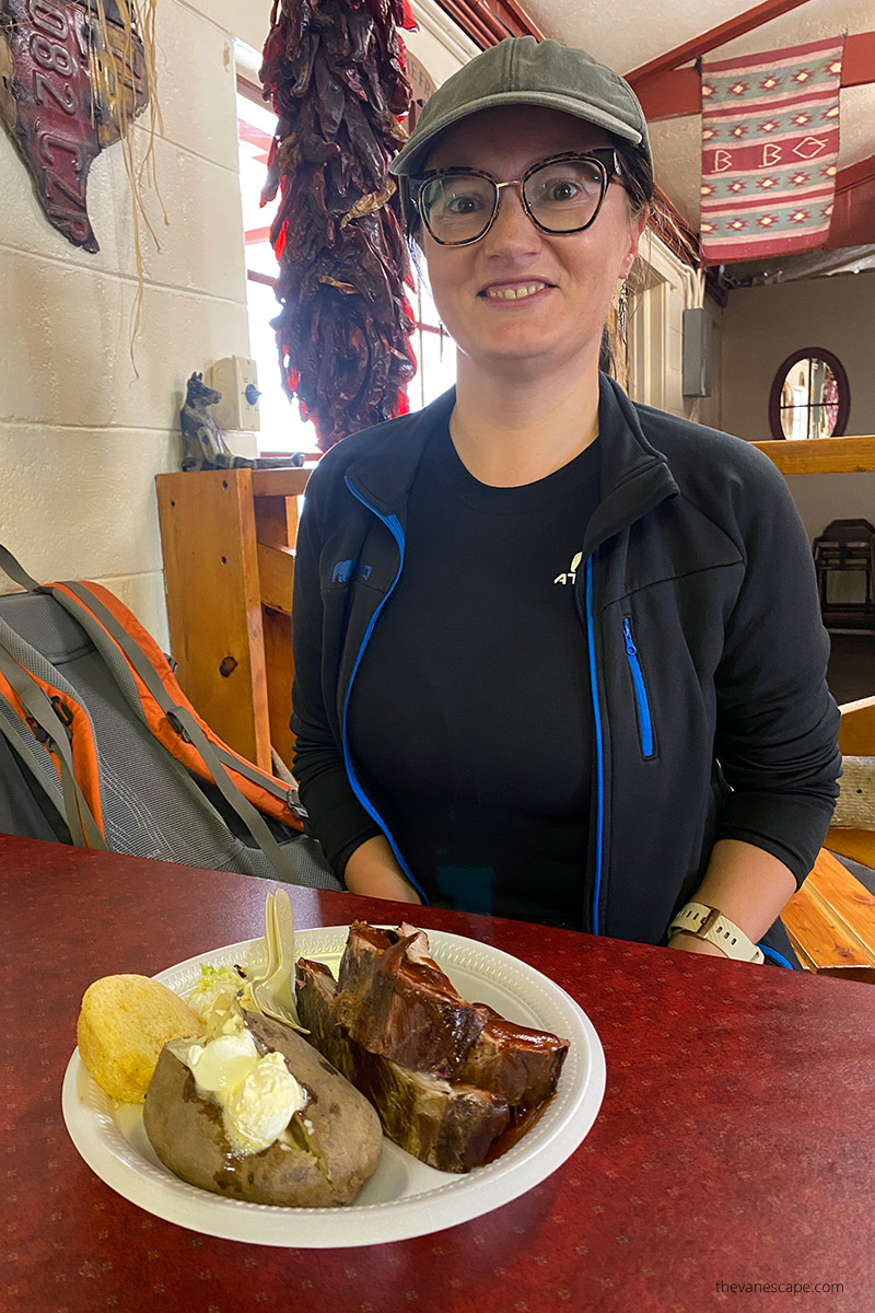 Agnes eating ribs in Farmington at the Spare Rib BBQ