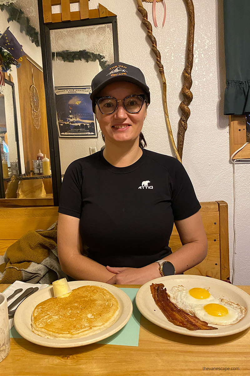 Agnes in Nenana Alaska eating in Rough Woods Inn and Cafe