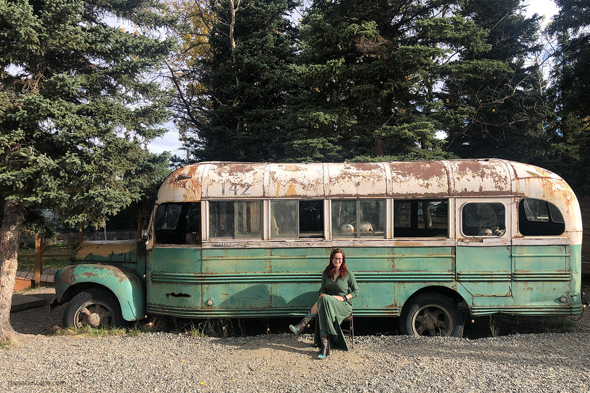 Agnes withe the replica of Magic Bus 142 from Into the Wild in Healy