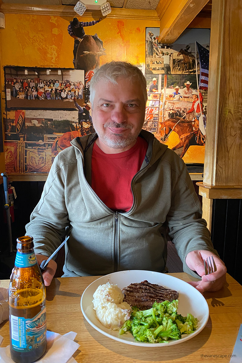 Chris Labanowski, co-owner of the Van Escape log, is eating steak in Farmington New Mexico