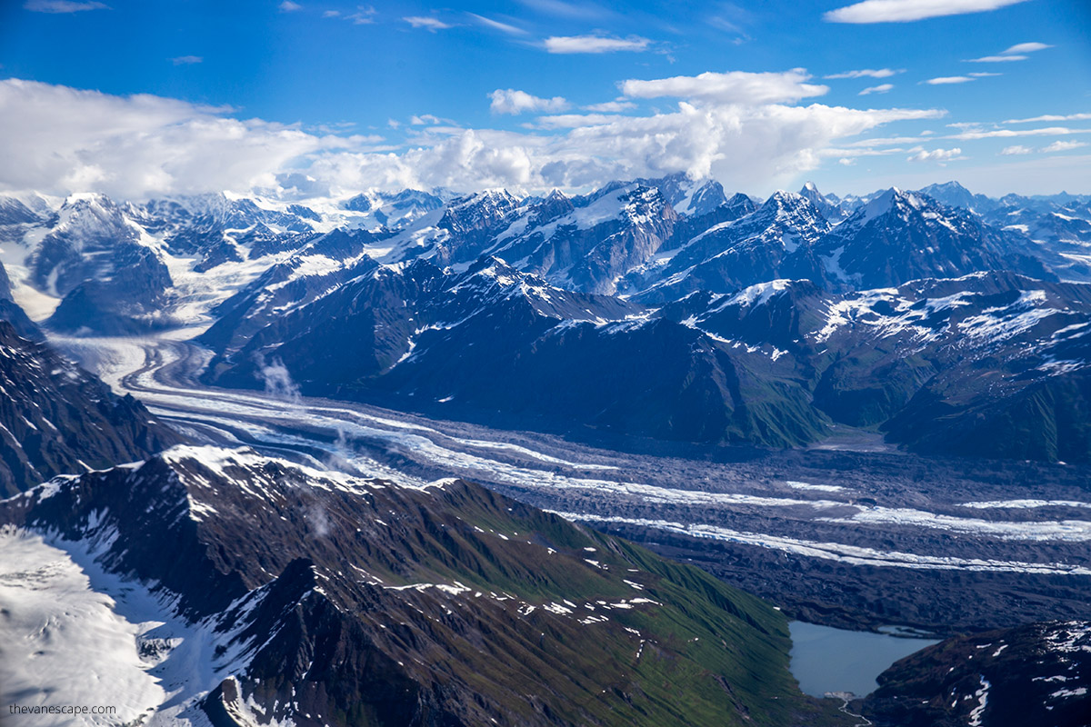 denali national park in june- the mountains and glacier view from scenic flight