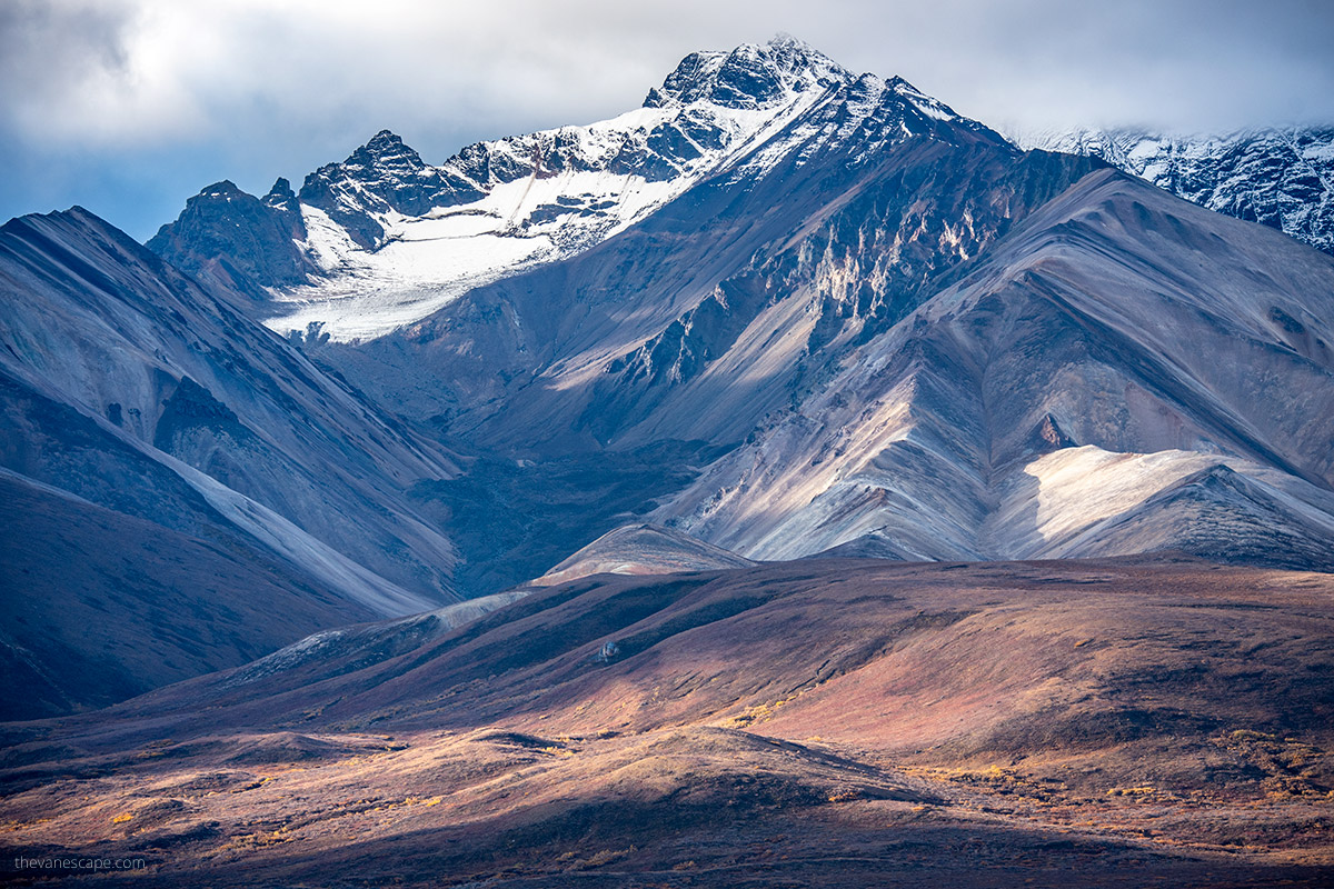landscape in denali national park - mountains, glaciers and fall colors