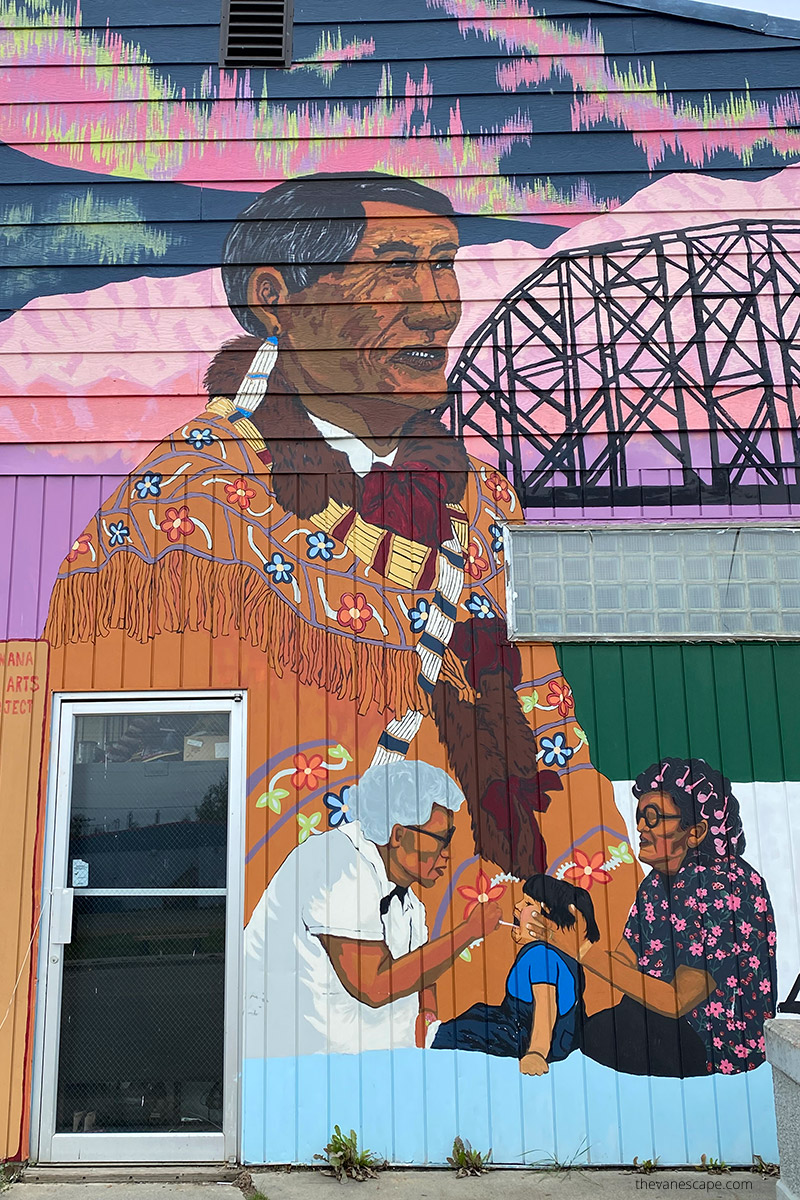 Native Alaskan on murals in Nenana