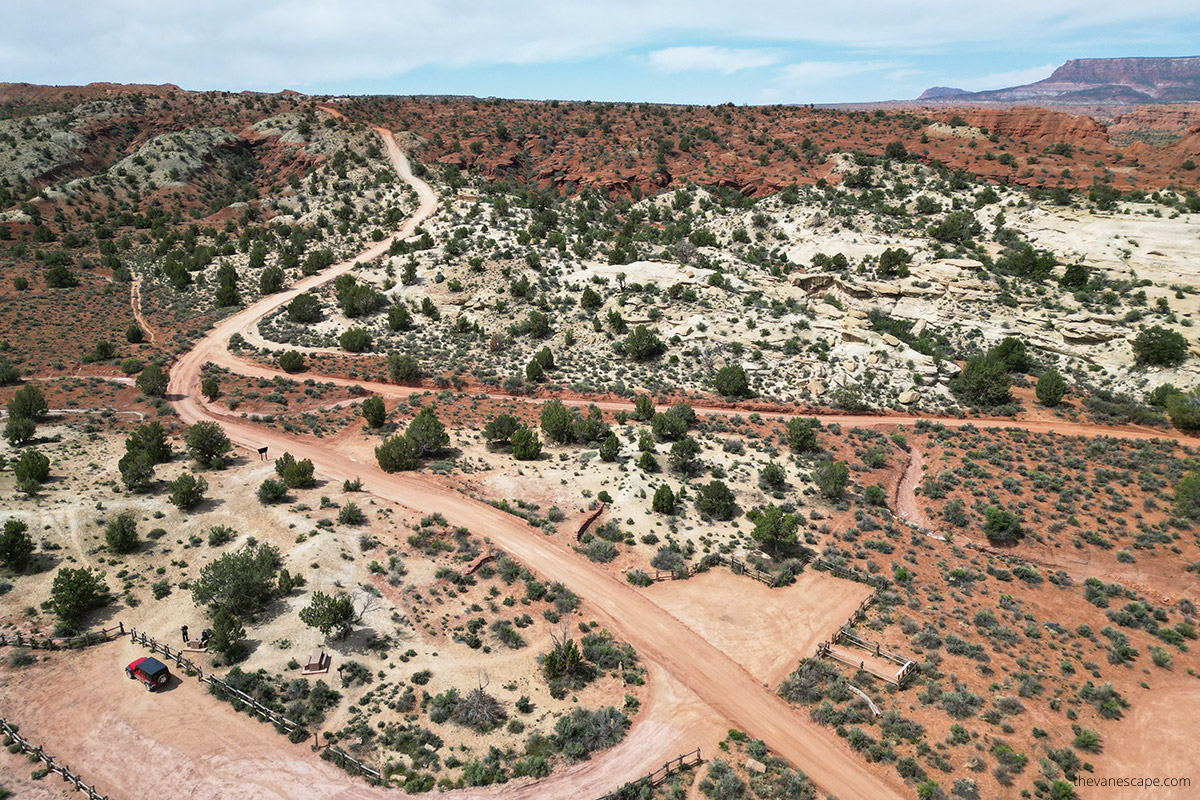 Aerial view (photo taken by drone)  of Paria Movie Set Day Use Site - road, picnic tables, mountains and trees