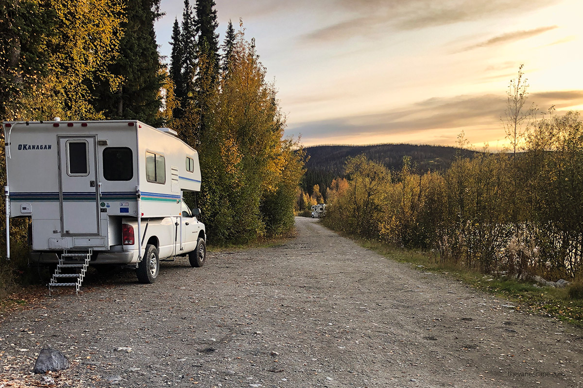 our RV (camper truck) during sunset along the Chena river campground 