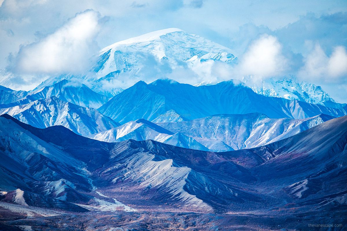the view of Denali Peak - the highest moutain in North America during sunny and clear day